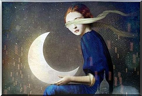 Woman with the moon and blindfolded eyes