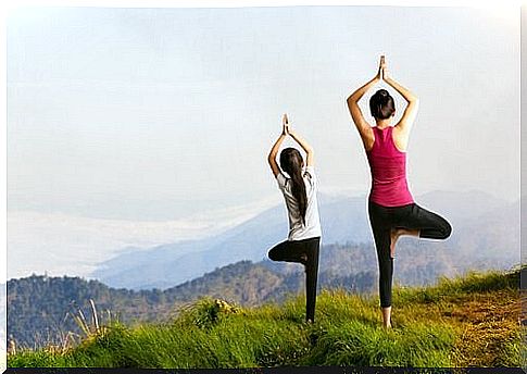 A mother and her child stand on a mountain while doing a yoga exercise. 