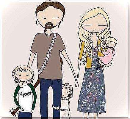 Drawing of a young family dressed in alternative clothing 