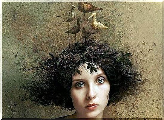 Woman with a bird's nest on her head