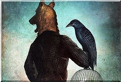 A man with a wolf head is holding a bird