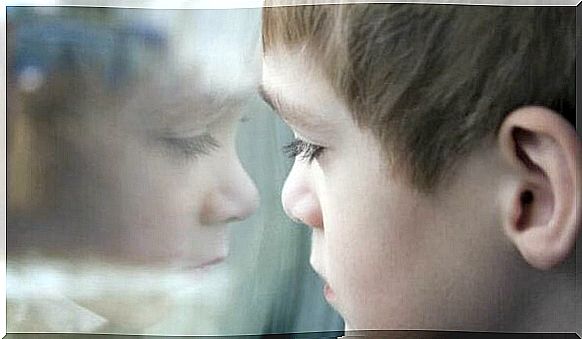 A boy looks through a window