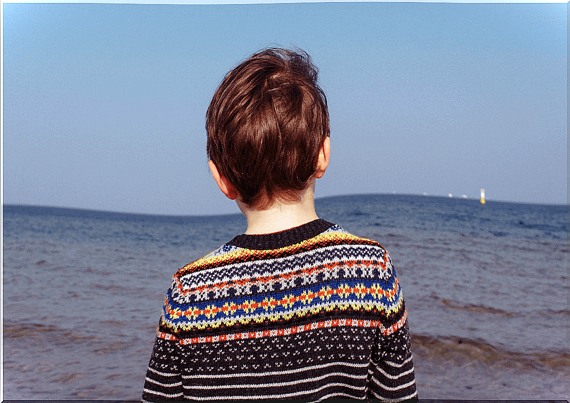 A boy in a knitted sweater stands by the sea and turns his back on us.