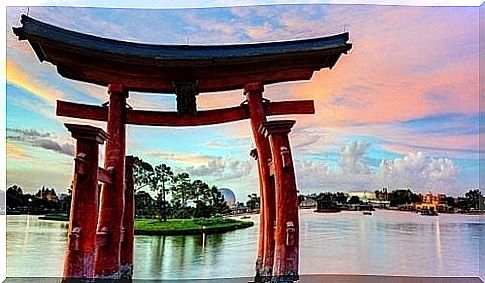 Japanese architecture in front of lake