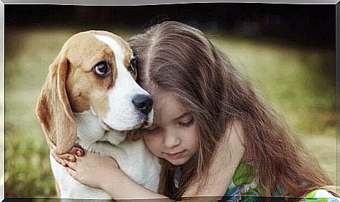 Girl hugs his dog